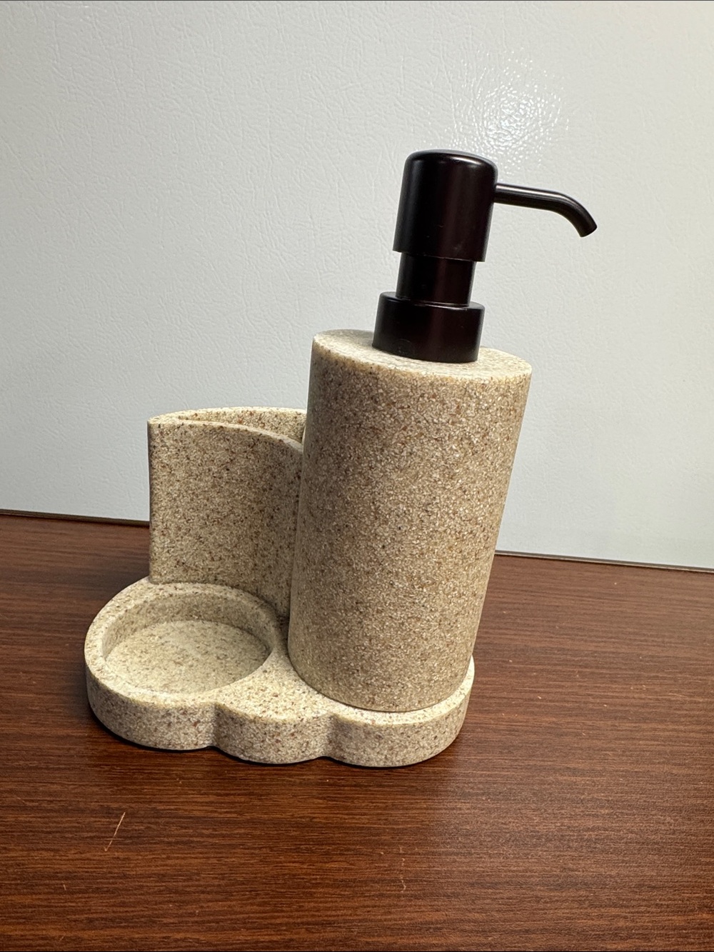 Beige Stone-Texture Bathroom Soap Dispenser and Organizer